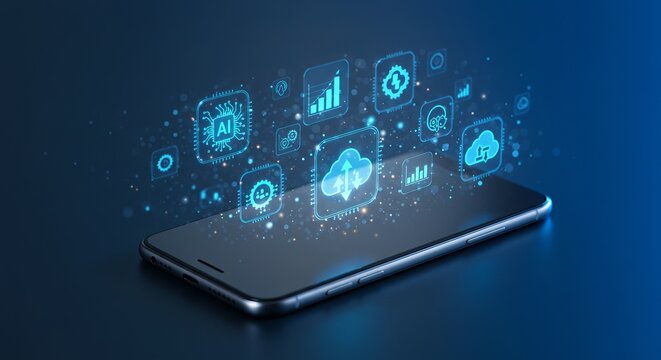 Holographic digital icons floating above smartphone - cloud computing, AI symbols, data analytics charts, blockchain elements, futuristic technology concept