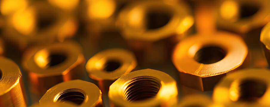 Close-up view of threaded metal nuts and bolts showcasing their shiny gold finish and intricate details in a workshop setting - Powered by Adobe