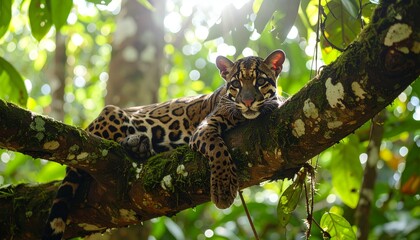 Clouded leopard rests high in lush tree