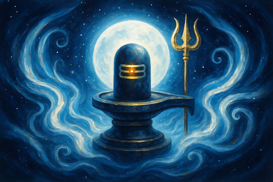 Mystical shivling under full moon with glowing trishul highlighting mahadev presence on sawan purnima and divine sawan shivratri festival