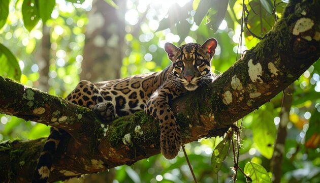 Clouded leopard rests high in lush tree
