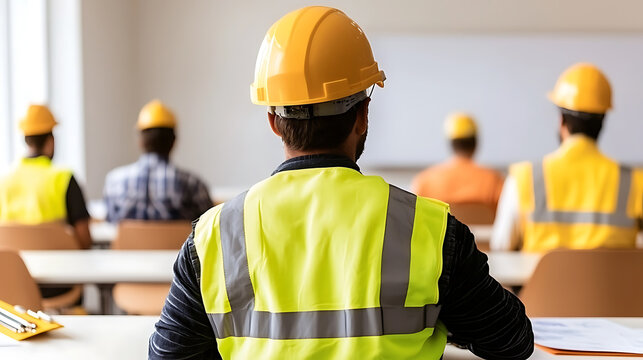 Construction workers attending safety training session, wearing protective gear, learning about workplace hazard prevention and risk management protocols.