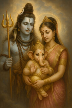 Divine family portrait of mahadev parvati and ganesha with spiritual aura for sawan purnima and festive celebrations in traditional hindu mythology art