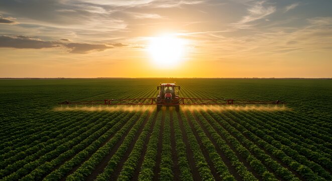 Sunset Spraying: Agricultural Tractor Working a Lush Green Field