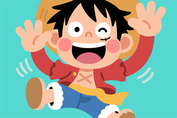 Playful Cartoon Pirate Boy Kicking with Win