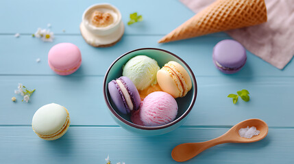 Colorful assortment of ice cream scoops in a bowl, surrounded by macarons, a waffle cone, and decorative flowers on a light blue wooden table, evoking a delightful dessert experience