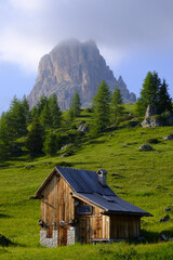 Hut in Passo Giau and mountain of Averau, hiking in the Alta via 1, in the Dolomites of Italy.