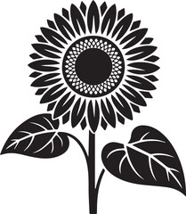 Monochromatic sunflower vector graphic icon. A bold, isolated illustration showing a single blooming plant with detailed petals and leaves for nature or botanical design themes.