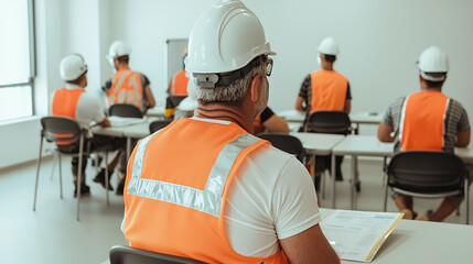 Construction workers attending a safety training session, all wearing hard hats and high-visibility vests, focusing on safety procedures and protocols in a classroom setting.