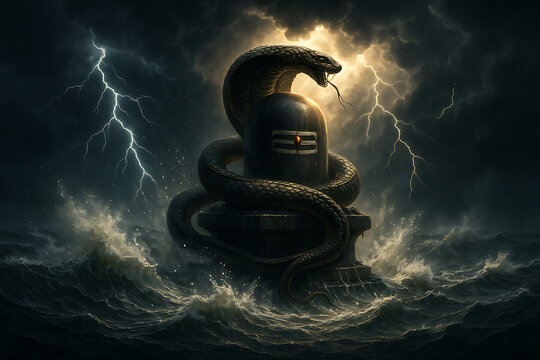 Dark stormy shivling with serpent and lightning symbolizing mahadev fury during sacred sawan purnima and spiritual sawan shivratri