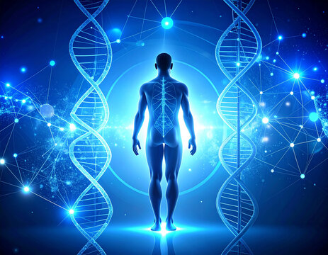 Human Evolution Concept with Illuminated DNA and Sci-Fi Medical Background

