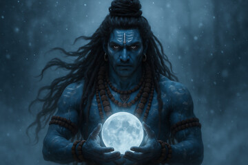 Mahadev holding moon glowing with divine aura during powerful sawan purnima and religious sawan shivratri celebration in cosmic backdrop