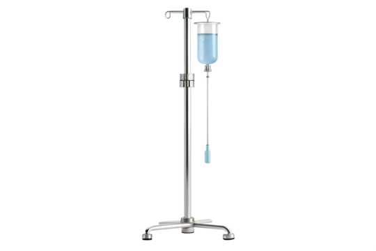 An iv drip stand with a bag of fluid is isolated on transparent background