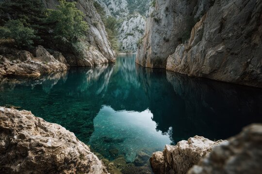 Experience the serene beauty of a crystal-clear lake surrounded by steep cliffs, lush greenery, and tranquil reflections, a perfect escape for nature lovers and adventure seekers alike.