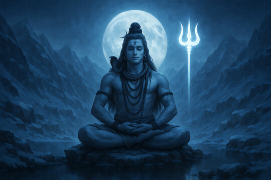 Mahadev sitting in deep meditation under full moon in himalayas during sawan purnima and powerful sawan shivratri celebration