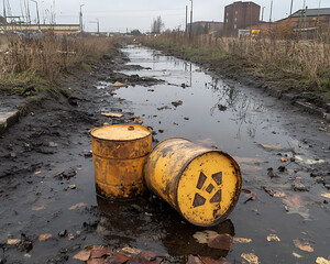 Abandoned barrels in a water-filled ditch. Illustrates industrial decay and environmental neglect with rusty containers in polluted surroundings. Urban exploration theme.