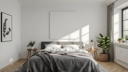 Modern Minimalist Bedroom Interior: Gray Bed, Blank Canvas, Natural Light, Plants, Cozy Vibe