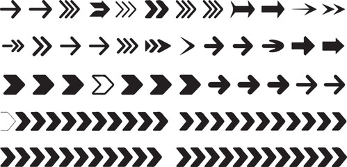 Naklejka premium Black Arrows and Pointers – Motion & Direction Icon Set.Black arrows and pointers showing motion and direction, isolated on white background. Big vector set of arrow icons and signs.