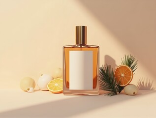 Cream Beige Christmas Perfume Bottle Mockup with Pine Detail