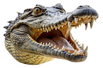 Fototapeta premium A crocodile head with open mouth and sharp teeth is isolated on transparent background, a dangerous predator