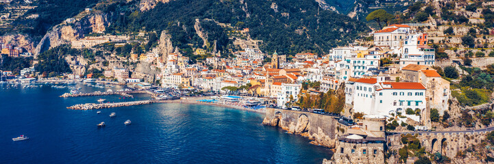 View of beautiful Amalfi town, Campania, Italy. Amalfi coast is most popular travel and holiday destination in Europe. Amalfi cityscape on coast line of mediterranean sea, Amalfi coast, Italy.