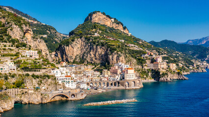 Aerial view of Atrani famous coastal village located on Amalfi Coast, Italy. Small town Atrani on...