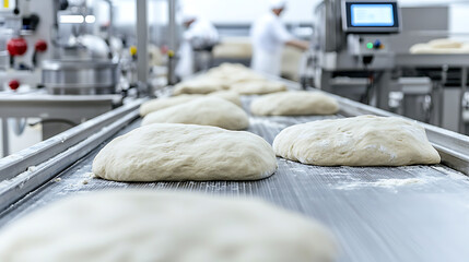 Automated dough processing: Loaves move along a conveyor in a food factory for baking. Preparing bread on an assembly line. Industrial food production.