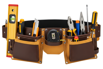 Leather tool belt for construction worker with various tools isolated on a transparent background