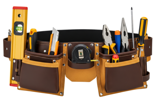 Leather tool belt for construction worker with various tools isolated on a transparent background