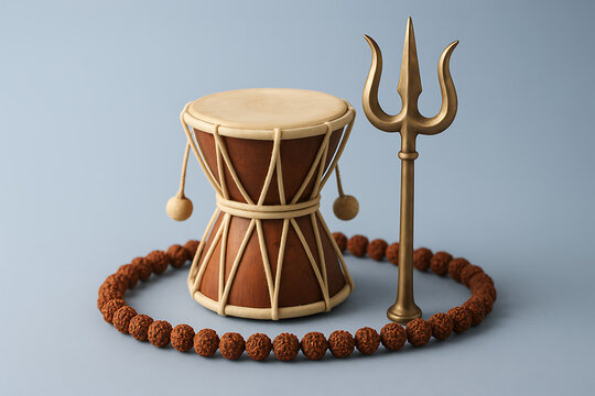 Shiva damru trishul rudraksha circle with mahadev energy symbol for sawan purnima worship and sawan shivratri religious hindu meditation ritual