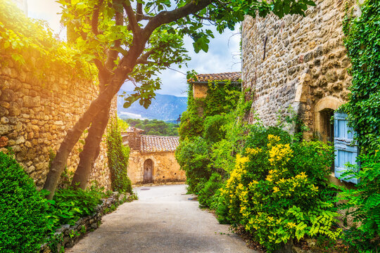 Fototapeta Charming street in quaint Menerbes village with colorful buildings and vibrant flowers. Village of Menerbes (Most Beautiful Village in France) in the Luberon mountains, France, Luberon, Vaucluse.