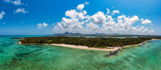 Ile aux Cerfs island with idyllic beach scene, aquamarine sea and soft sand, Ile aux Cerfs, Mauritius, Indian Ocean, Africa. Ile aux Cerf in Mauritius, beautiful water and breathtaking landscape.