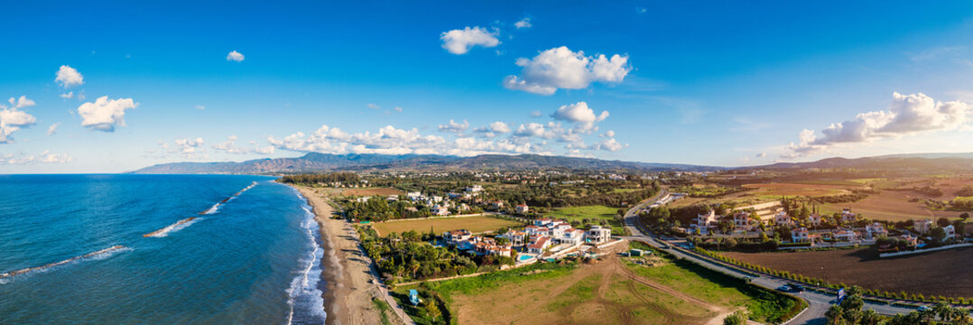 Aerial view of Mauralis Beach, Cyprus. Mavralis Beach is a secluded and unspoiled beach located in the Akamas Peninsula of Cyprus.