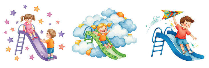 Cheerful Children Enjoying Playground Slides: A Girl with Stars, a Girl on a Cloud Slide, and a Boy with a Flying Kite