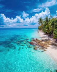 Fototapeta premium Experience the serene beauty of a tropical beach, where crystal-clear waters meet sandy shores, bordered by vibrant palm trees under a bright blue sky.