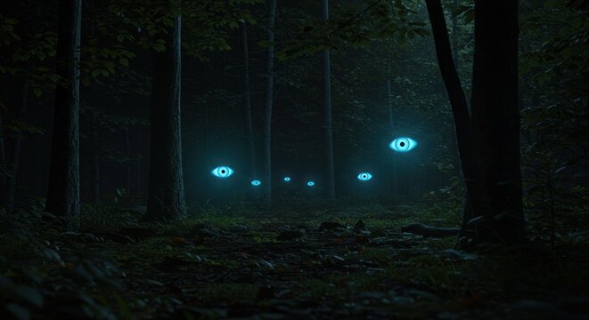 Forest path, glowing eyes - Powered by Adobe