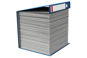 Blue office binder completely full with white paper sheets isolated on a transparent background