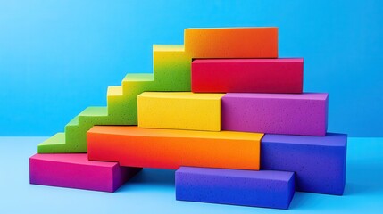 Colorful Foam Building Blocks Stacked on Blue Background