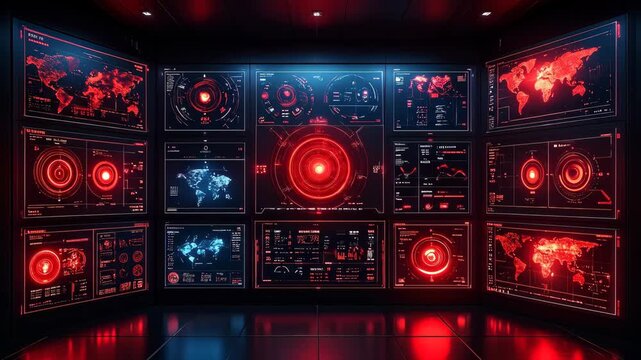 Advanced Sci-Fi Command Center with Dynamic Red HUD Screens Monitoring Global Threats - Powered by Adobe