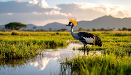 Fototapeta premium Crowned crane wades in savanna wetland