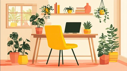 Bright Home Office with Yellow Chair and Abundant Plants