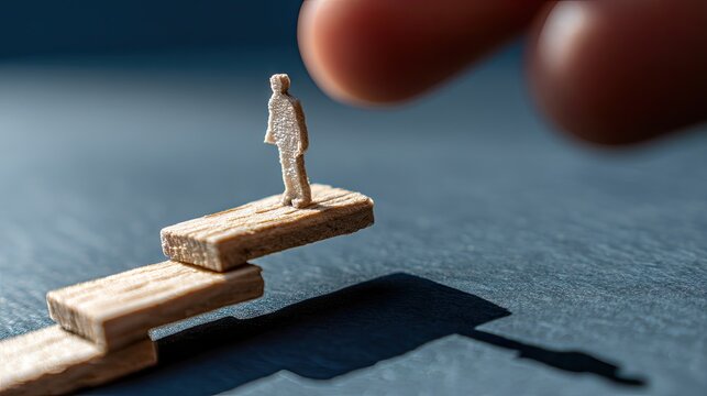 Miniature figure on a precarious wooden stepping-stone path.