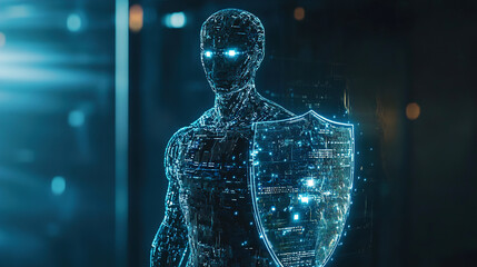 Cyber security concept futuristic digital guardian holding shield protecting data from online threats