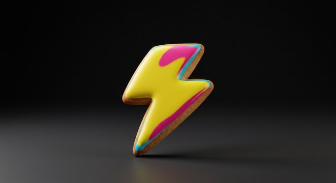 Colorful lightning bolt-shaped cookie on dark background
