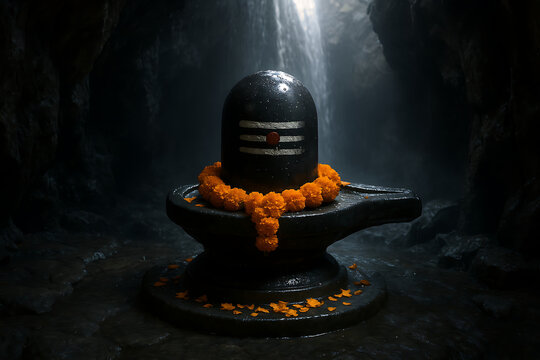 Ancient shivling with marigold garland in cave representing sacred power of mahadev during sawan purnima for sawan shivratri rituals
