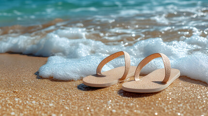 Pair of beige sandals on a sandy beach near ocean waves.