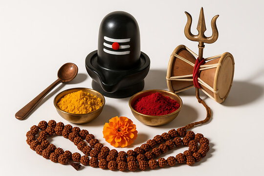 Sawan purnima shivratri spiritual set with shivling rudraksha and damru representing mahadev divine symbolism for puja celebration