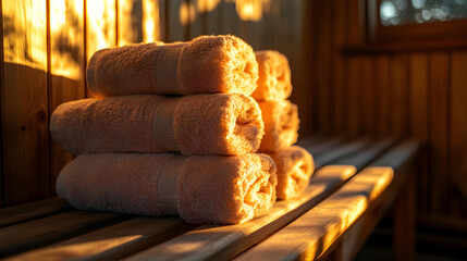 Rolled towels stacked on a wooden bench in a sauna.