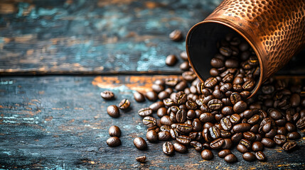 Roasted coffee beans spilling from a copper container onto a dark wooden surface.