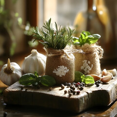 Rosemary, basil, and garlic on a wooden cutting board.